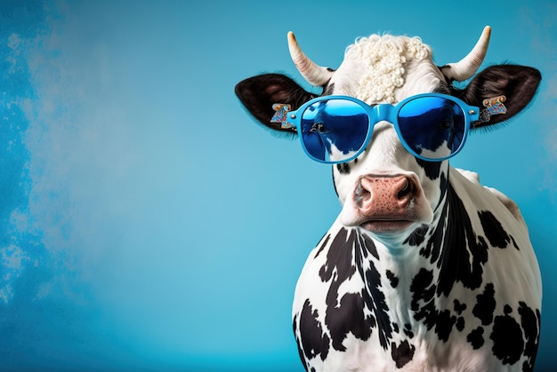 Una mucca che indossa occhiali da sole e ride su uno sfondo blu cielo girato in studio Ai generato
