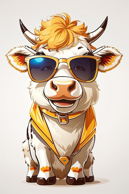 Una mucca che indossa occhiali da sole e una sciarpa con una mucca che indossa occhiali da sole.