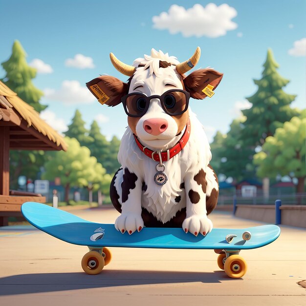 una mucca che indossa occhiali da sole si siede su uno skateboard con una mucca su di esso