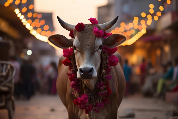 una mucca che porta una corona di fiori in testa