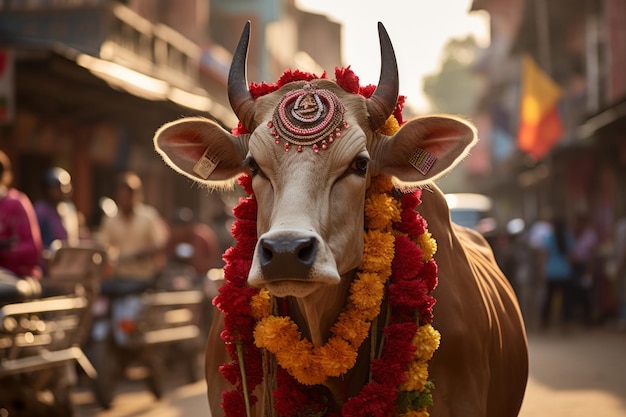 una mucca che porta una ghirlanda di fiori in testa