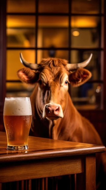 una mucca con accanto un bicchiere di birra con la scritta mucca.