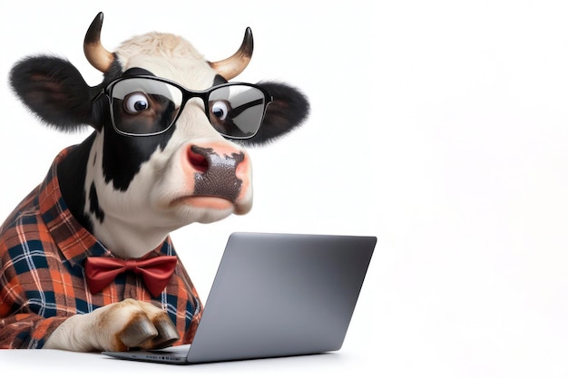 una mucca con gli occhiali e uno sguardo sorpreso sul suo viso sta guardando un portatile sullo sfondo bianco