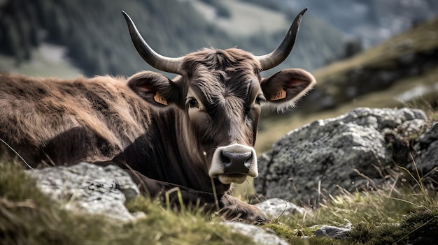 Una mucca con le corna giace su una roccia in montagna