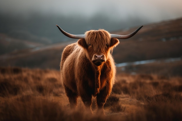 Una mucca con lunghe corna si trova in un campo