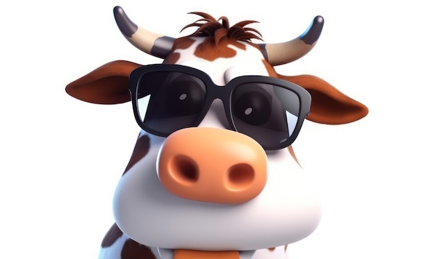 Una mucca con occhiali da sole e naso nero indossa un paio di occhiali da sole.