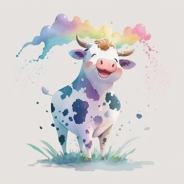 Una mucca con un arcobaleno in testa