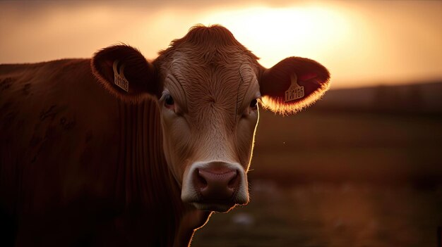 Una mucca con un'etichetta sull'orecchio è in un campo al tramonto.