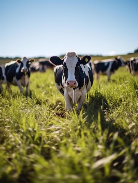 una mucca con un tag nell'orecchio è in piedi in un campo con altre mucche