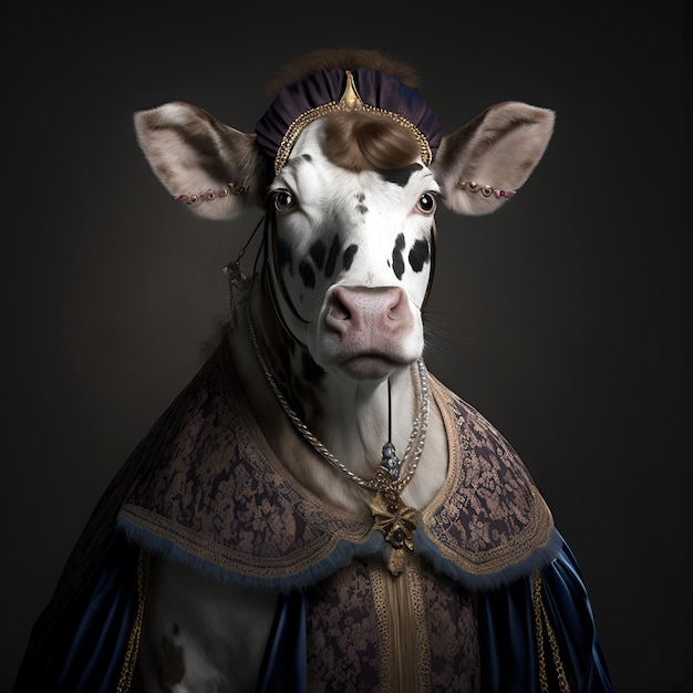 Una mucca con una collana e un vestito addosso