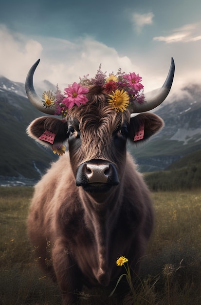 Una mucca con una corona di fiori in testa