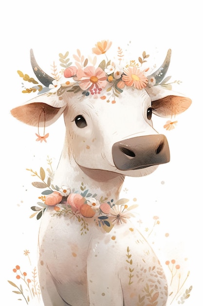 Una mucca con una ghirlanda di fiori in testa
