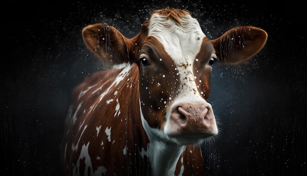 Una mucca con uno sfondo nero e la parola latte sopra
