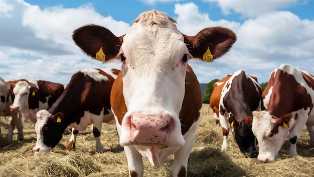 Una mucca curiosa divertente che guarda la telecamera mentre altre mucche mangiano fieno sullo sfondo in una fattoria di bestiame