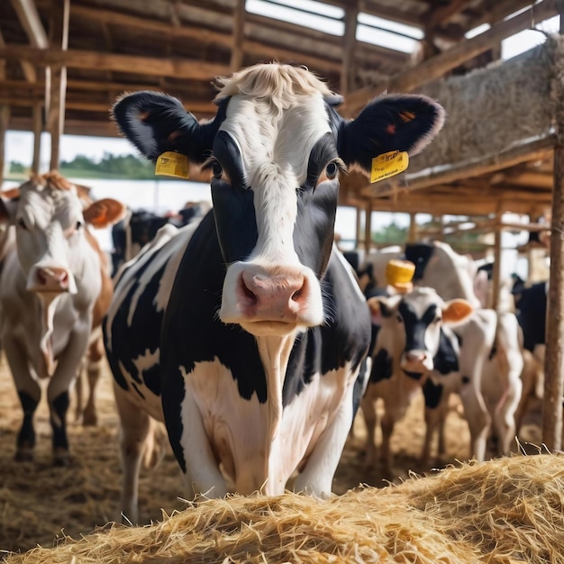 Una mucca curiosa e divertente che guarda la telecamera mentre altre mucche mangiano fieno sullo sfondo in una fattoria di bovini