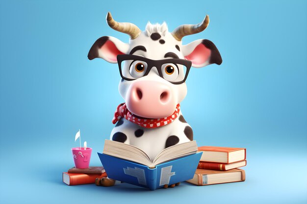 Una mucca dei cartoni animati che legge un libro