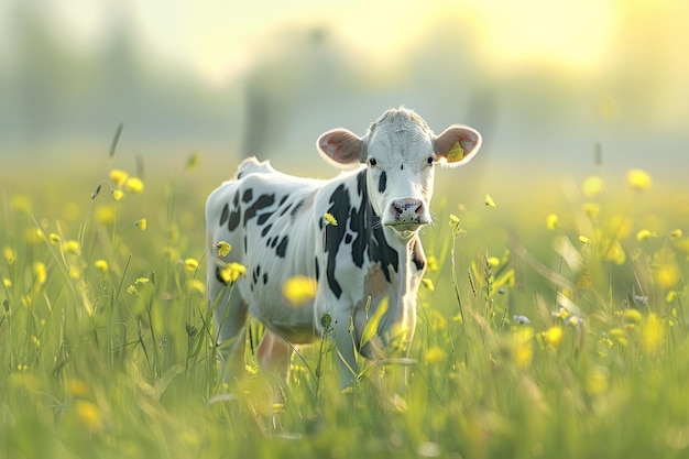 Una mucca divertente su un prato verde d'estate sullo sfondo sfocato