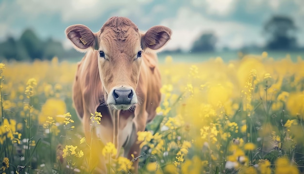 Una mucca è in piedi in un campo di fiori gialli