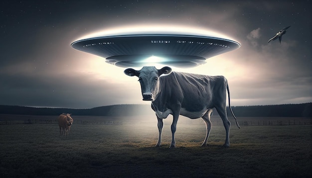 Una mucca è in un campo con un ufo che si libra sopra di loro