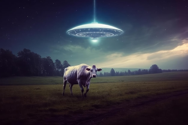Una mucca è in un campo con un ufo nel cielo.