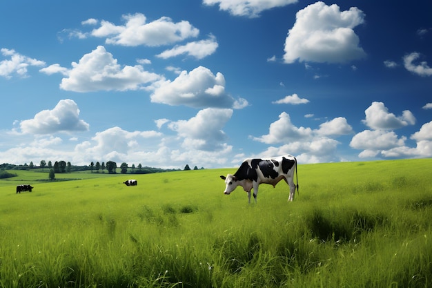 Una mucca generativa sull'erba verde con il cielo blu