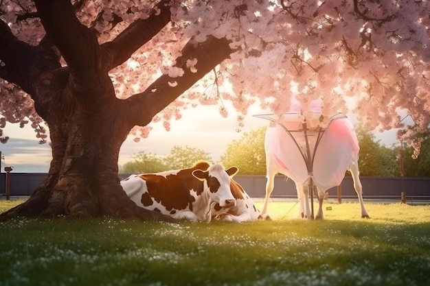 Una mucca giace sotto un albero con un fiore rosa sullo sfondo.