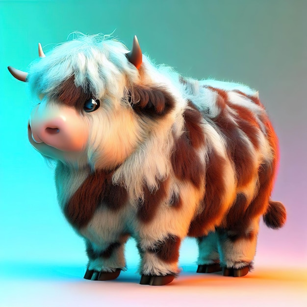 Una mucca giocattolo con uno sfondo blu e verde.