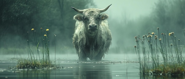 una mucca in piedi nell'acqua con la testa girata