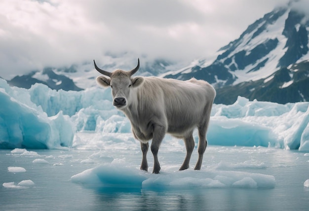 Una mucca in piedi sul ghiaccio con una montagna sullo sfondo