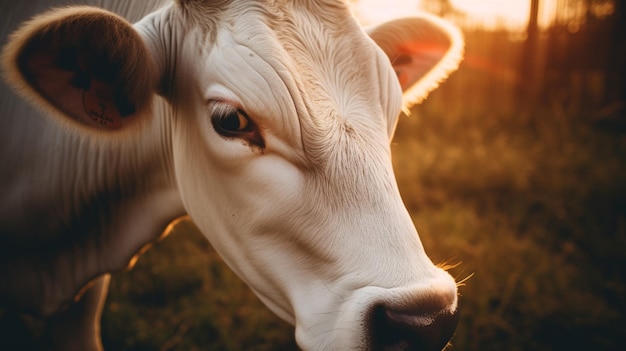 Una mucca in un campo con il sole che tramonta dietro di essa