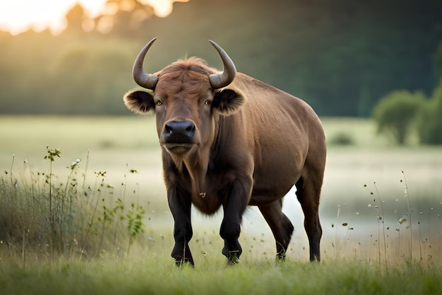 Una mucca in un campo con uno sfondo nebbioso