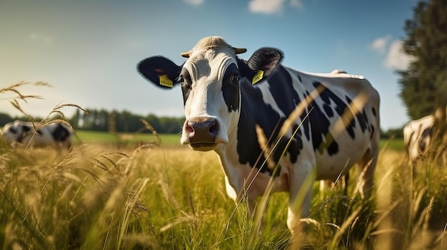 Una mucca in un campo di erba