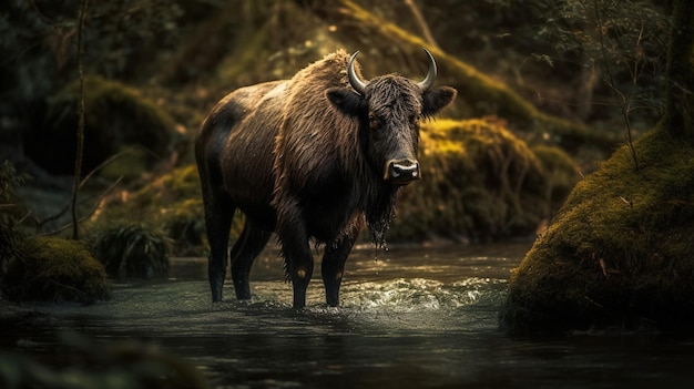 Una mucca in un fiume con alberi sullo sfondo