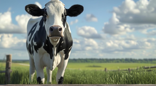 una mucca isolata in piedi davanti a un tavolo di legno con erba e terreno agricolo