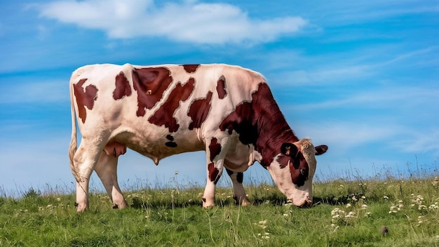 Una mucca macchiata che pasca su un bellissimo prato verde contro un cielo blu