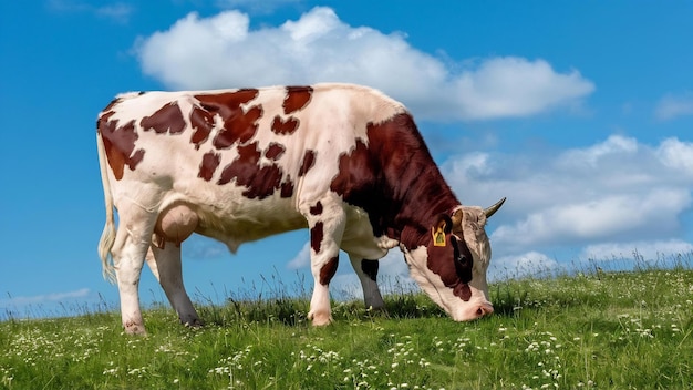 Una mucca macchiata che pasca su un bellissimo prato verde contro un cielo blu