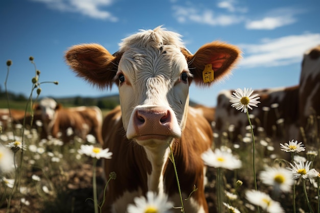 Una mucca marrone e bianca in piedi in un campo di fiori