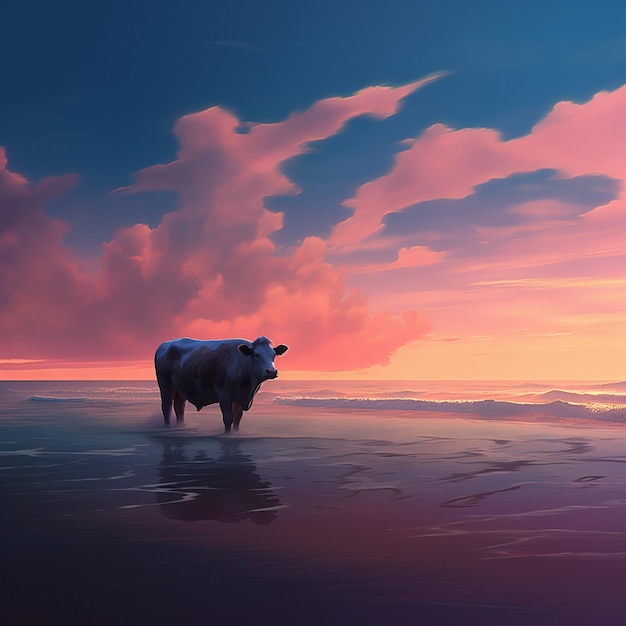 una mucca nell'acqua con un tramonto sullo sfondo