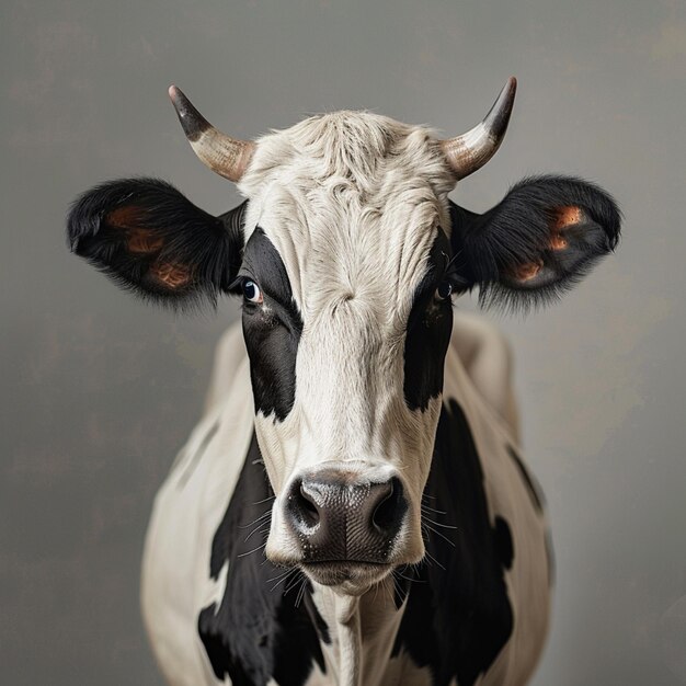 una mucca nera e bianca con una faccia e orecchie nere e bianche