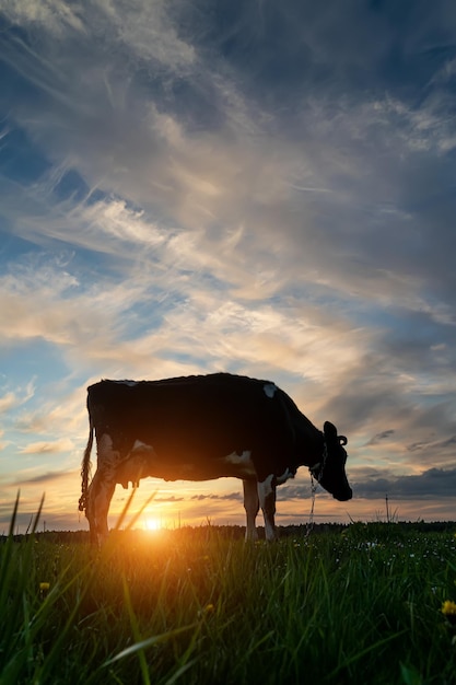 Una mucca pascola in un prato sotto i raggi del sole al tramonto