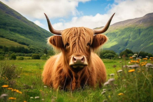 Una mucca scozzese dell'altopiano in un campo verde