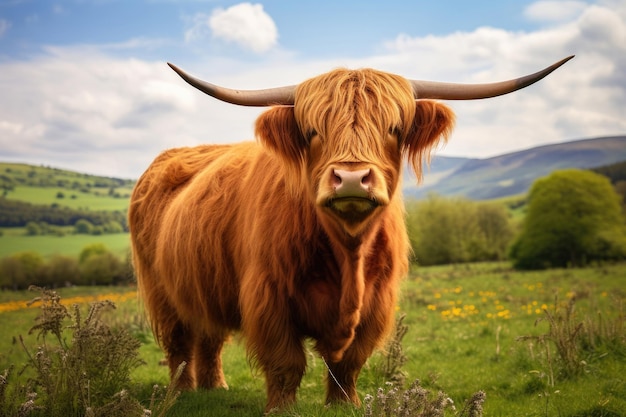 Una mucca scozzese dell'altopiano in un campo verde