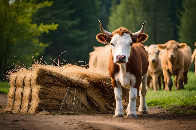 Una mucca si trova davanti alle balle di fieno in una fattoria.