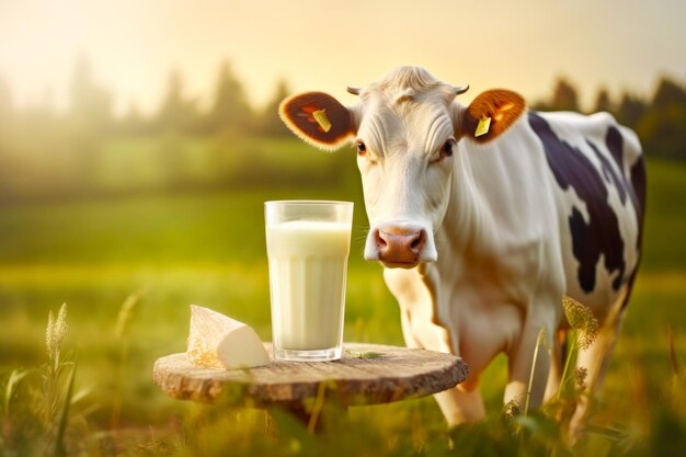 Una mucca vicino a un tavolo di legno con un bicchiere di latte sullo sfondo di un campo