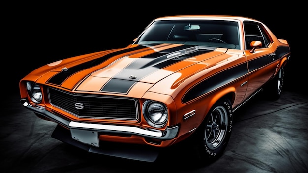 Una muscle car arancione con una striscia nera che dice "muscle car"