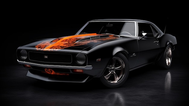 Una muscle car nera con fiamme arancioni sul cofano.