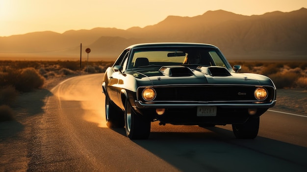 Una muscle car nera percorre una strada nel deserto.