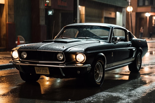 Una Mustang nera con una targa con su scritto "Ford Mustang".