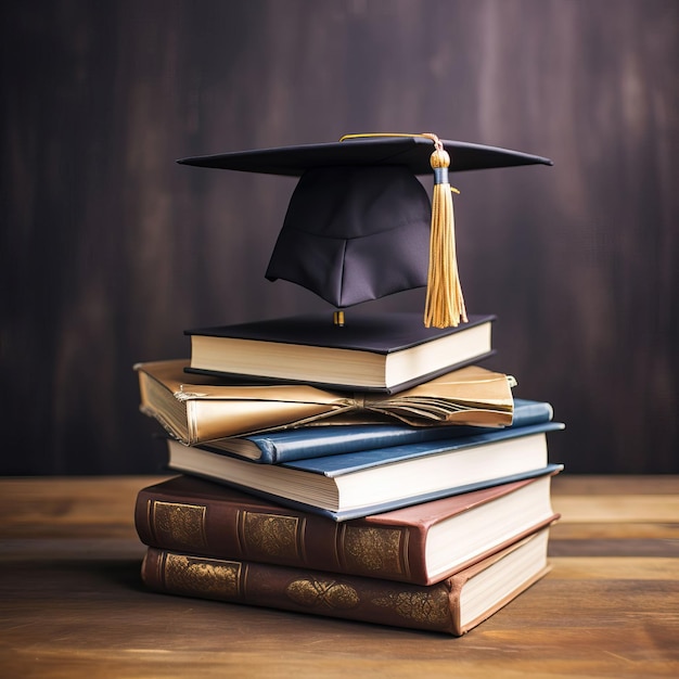 Una nappa del cappello di laurea penzolante posta su una pila di libri che simboleggia il potere di trasformazione