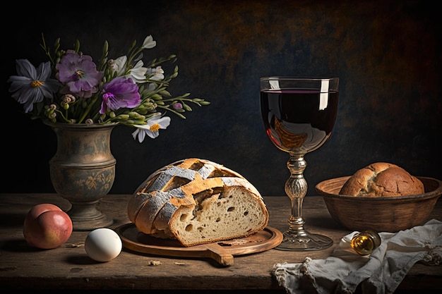 Una natura morta con un pane e un bicchiere di vino.